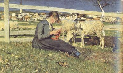 Girl Knitting (nn02), Giovanni Segantini